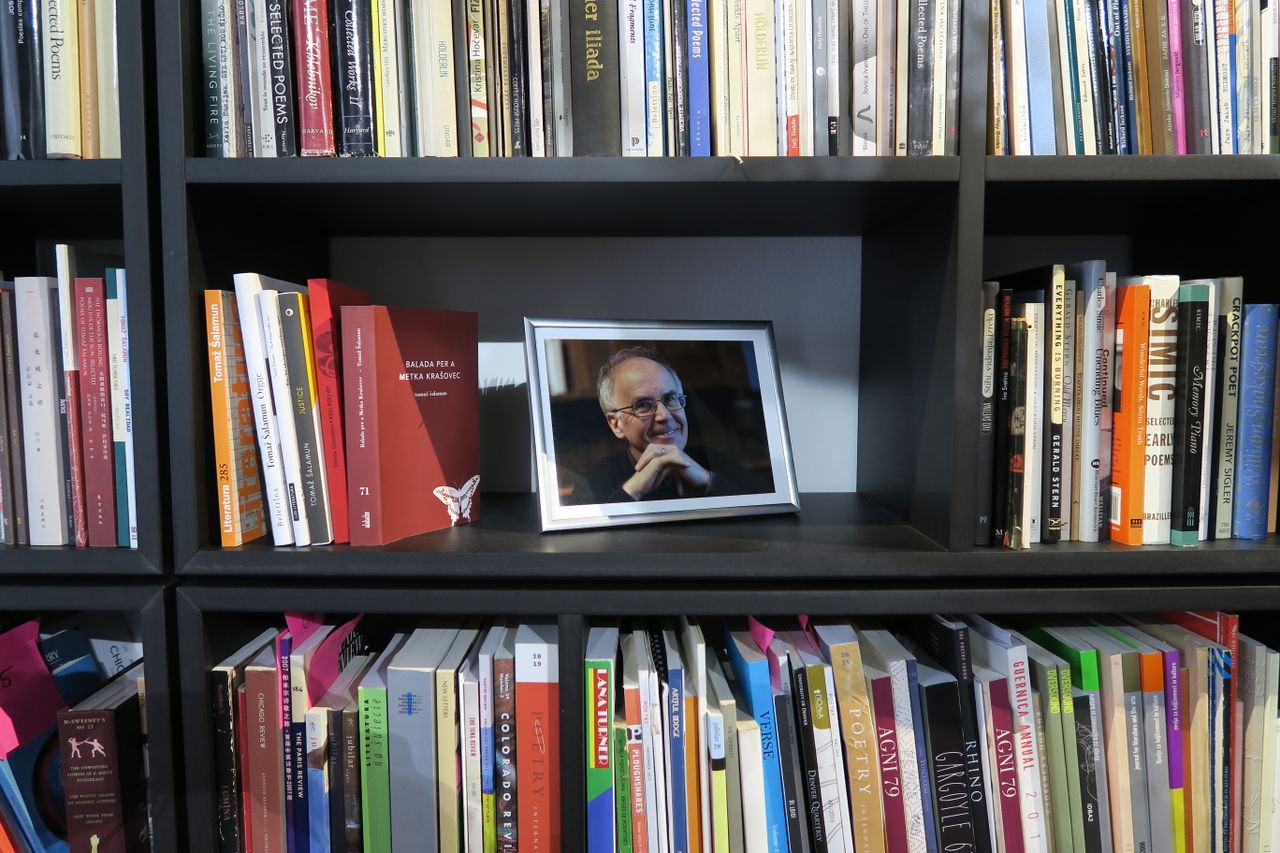 Tomaž Šalamun Poetry Centre 2017 Book collection and photo.JPG