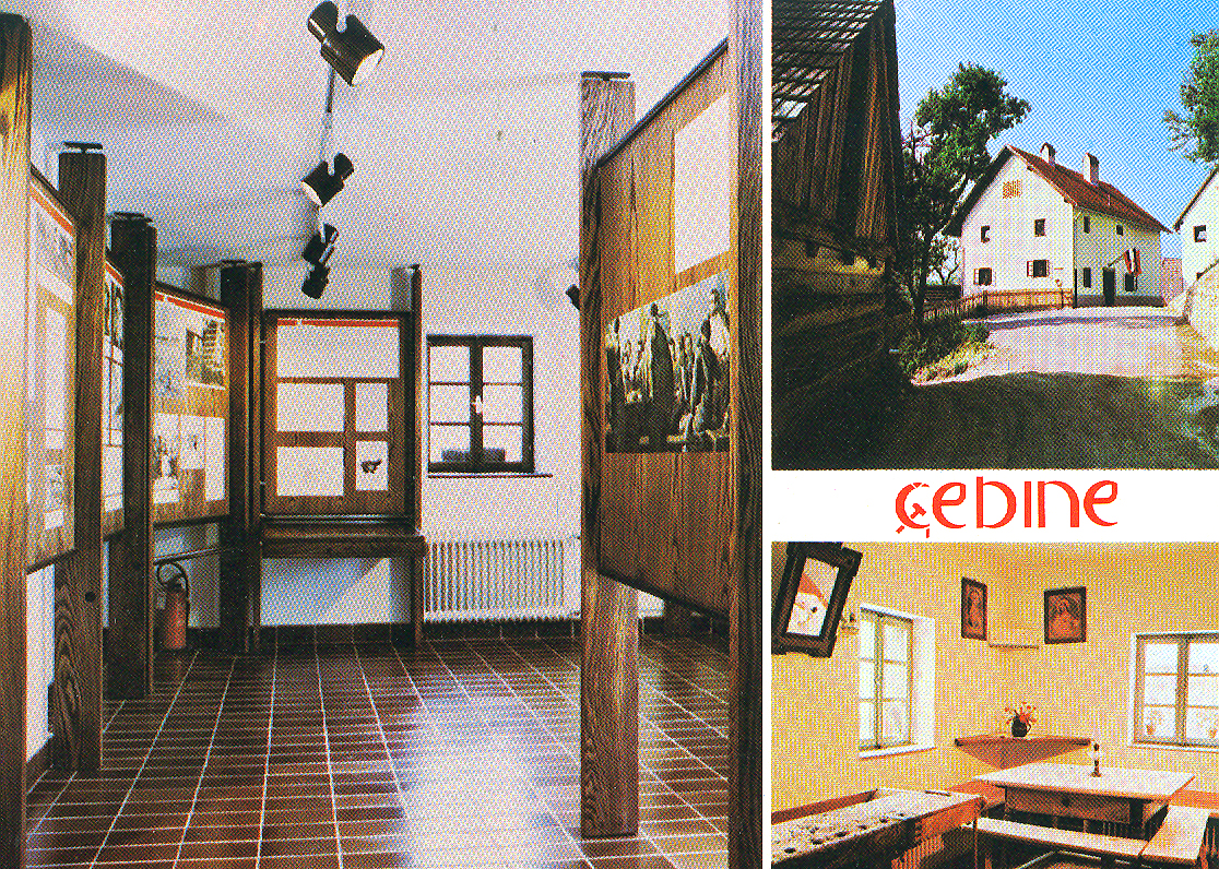 Interior and exterior views of old Barlič homestead that houses the memorial room, established 1985, commemorating the founding of the Communist Party of Slovenia, čebine 1937
