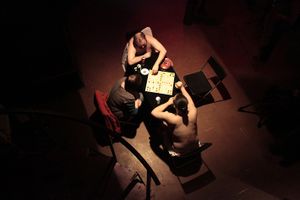 <i>Mojca, don't get irritated</i> (Ludo) performance by <!--LINK'" 0:435-->, <!--LINK'" 0:436--> and <!--LINK'" 0:437-->) at the International Feminist and Queer Festival Red Dawns 2013.