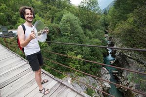 Klemens Kohlweis with his parabolic directed microphone above Soča river, <!--LINK'" 0:898-->, 2018.