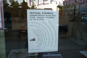 The International Poetry Festival Stranou takes place in Beroun, Krakovec (Castle), and Prague (Václav Havel Library) with Slovene authors participating, supported by the <!--LINK'" 0:324-->