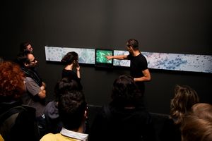 <!--LINK'" 0:821--> presenting their interactive installation project <i>Modux 3.4</i> at <i>Ars Electronica</i>, Linz, 2008