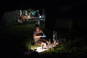 Jakob Scheithe developing his Fortune Telling Machine, A bio-hacked urin fortune teller, at the <!--LINK'" 0:902--> 2018.