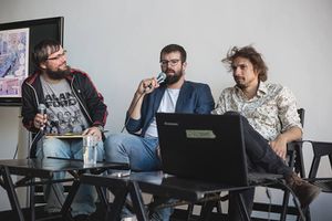 Editor Aljoša Harlamov in conversation with screenplay writers Nejc Juren and Izar Lunaček at <!--LINK'" 0:372-->, 2017.