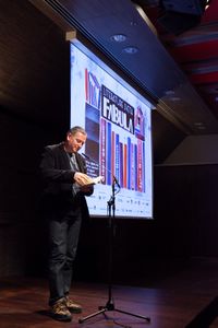 Georgi Gospodinov, a Bulgarian poet, writer, and playwright, was a guest at the <!--LINK'" 0:711--> in 2015. His novel <i>The Physics of Sorrow</i>, which was awarded the Bulgarian Novel of the Year prize was translated into Slovenian in 2015.