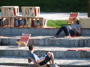 One of several pleasantly shady open air reading spots created for <i>The Library Under the Trees</i> project, <!--LINK'" 0:459-->, 2010