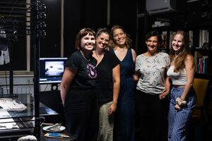 A peer2peer meeting with the DSAF resident <!--LINK'" 0:53--> and Slovene animators. organised by the  <!--LINK'" 0:54--> at the <!--LINK'" 0:55--> Studio, 2024. From left to right <!--LINK'" 0:56-->, <!--LINK'" 0:57-->, Naomi van Niekerk, <!--LINK'" 0:58-->, and <!--LINK'" 0:59-->.